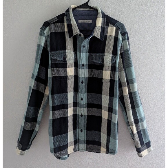 Outerknown Blanket Shirt Men's Size Large Aqua Blue Plaid Heavyweight Button Up - Picture 1 of 6